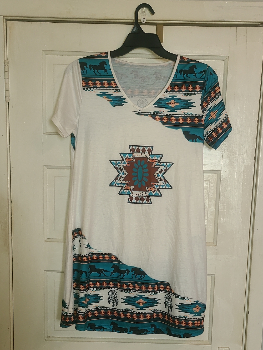 Amazon White Aztec Print Mini Dress with Teal and Rust Accents